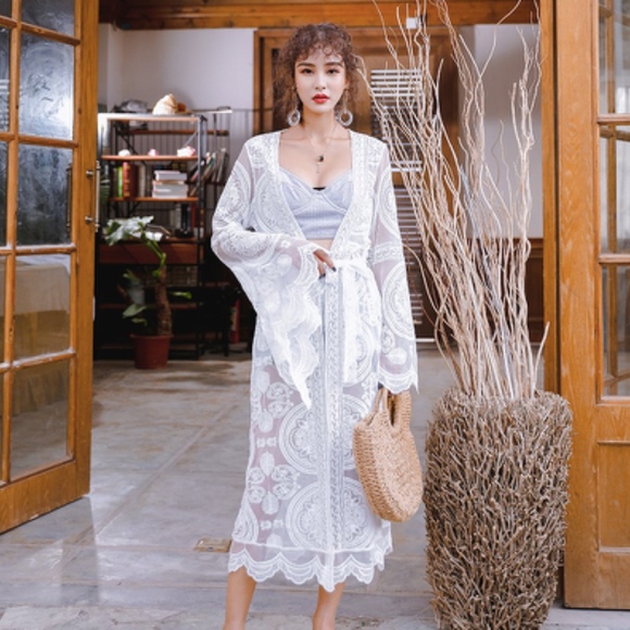 🎀 KIMONO ROBE CARDIGAN DUSTER LACE BOHO CHIC PURE WHITE BEACH SUMMER LONG MAXI - Picture 13 of 14